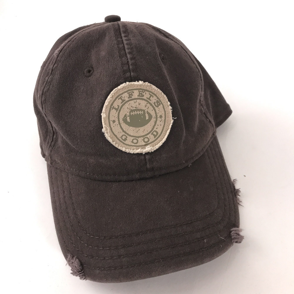 Life Is Good hat Football circle patch on brown factory distressed cap